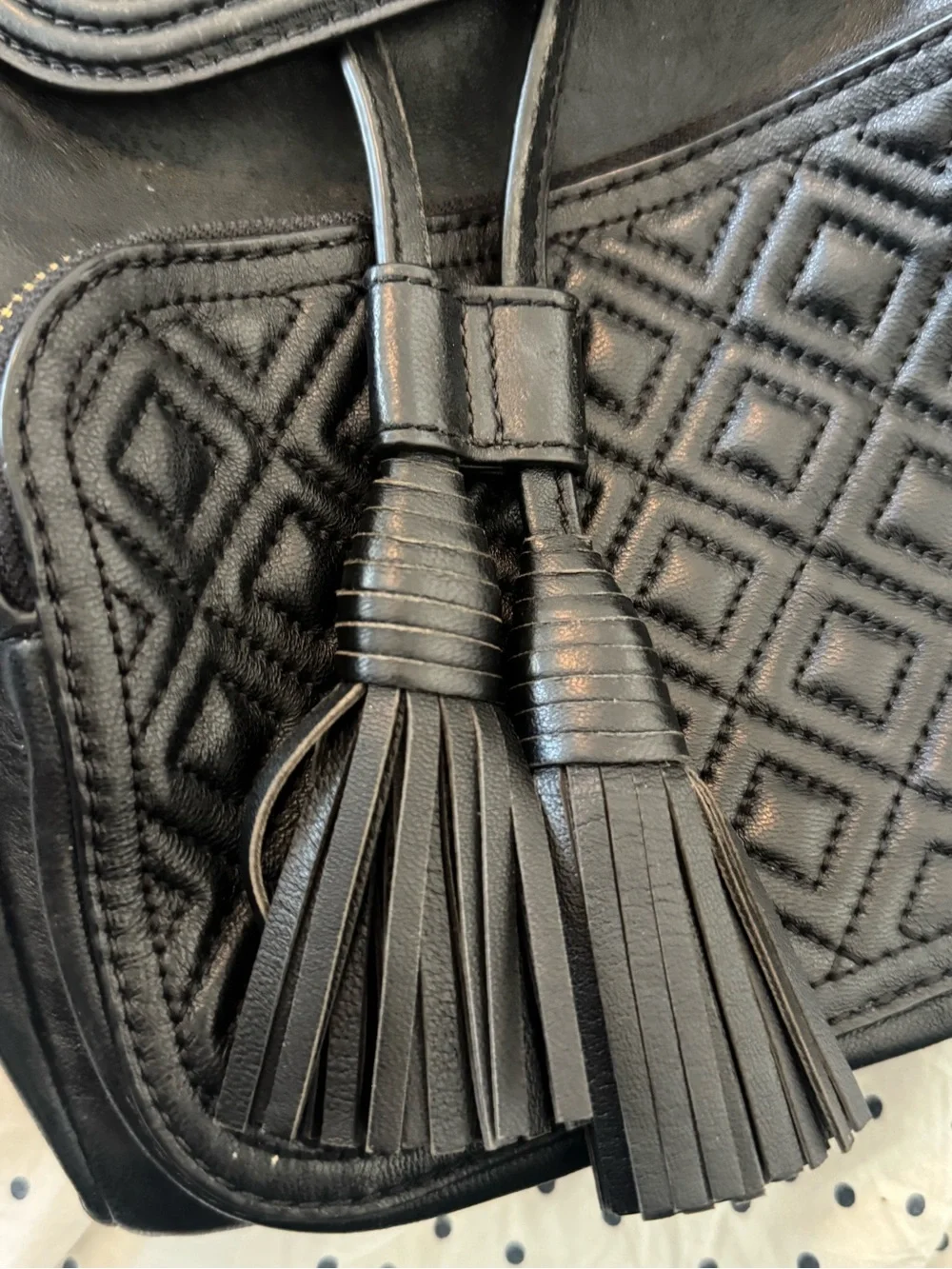 Tory Burch Black Quilted Front Pocket Leather Backpack with Tassels